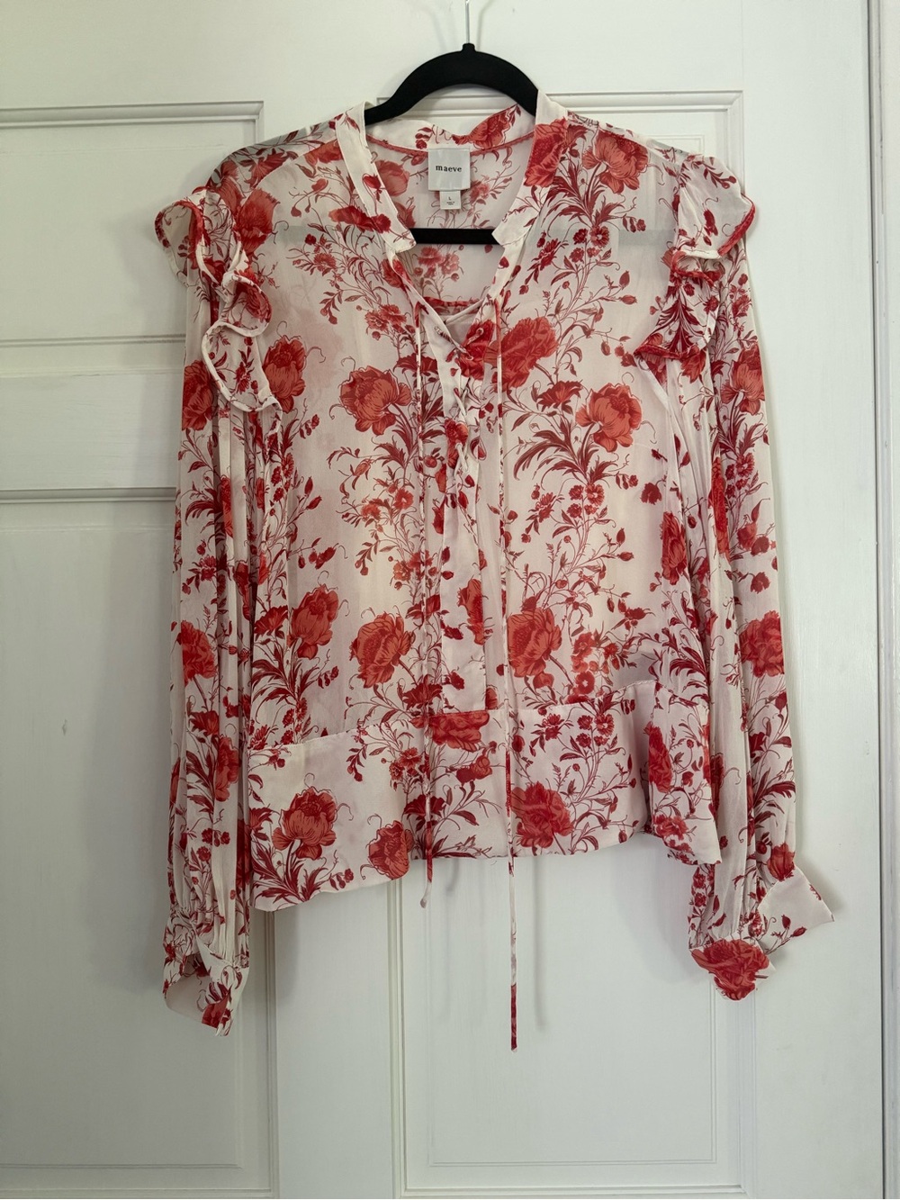 Anthropologie Maeve Sheer Red Floral Tie-Front Blouse